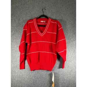 Ellesse Men Size M Red Striped V Neck Knit Sweater Retro Vintage‎ Preppy